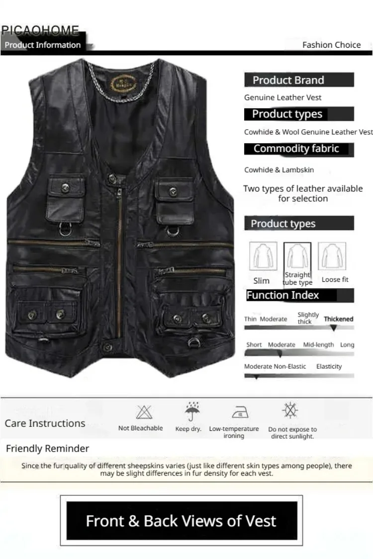 6XL Big Size Men's Real Leather Vest Genuine Sheepskin Thick Warm Quilted Lining Outdoor Fishing Waistcoat Multi-pocket Gilet