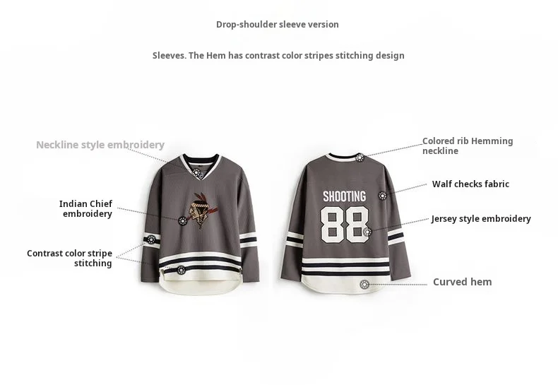 Maden Vintage Men's Waffle Knit Sweatshirt Indian Embroidered V-Neck Pullover Heavyweight Oversized Contrast Hoodie for Fall