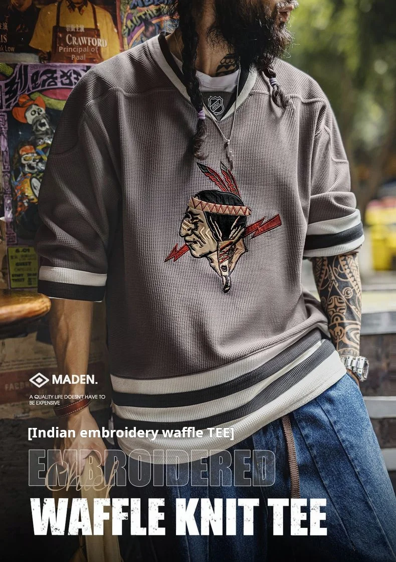 Maden Vintage Men's Waffle Knit Sweatshirt Indian Embroidered V-Neck Pullover Heavyweight Oversized Contrast Hoodie for Fall