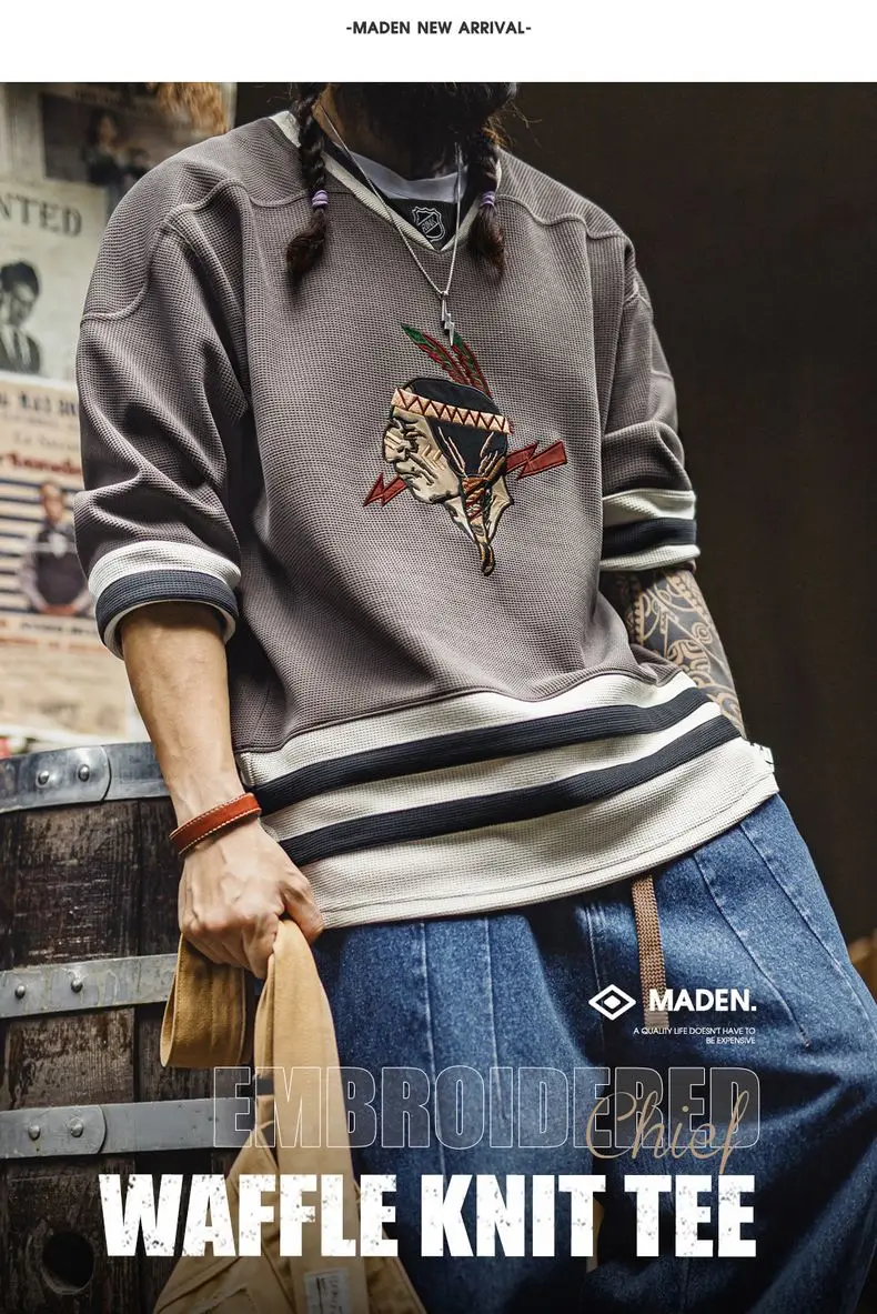 Maden Vintage Men's Waffle Knit Sweatshirt Indian Embroidered V-Neck Pullover Heavyweight Oversized Contrast Hoodie for Fall