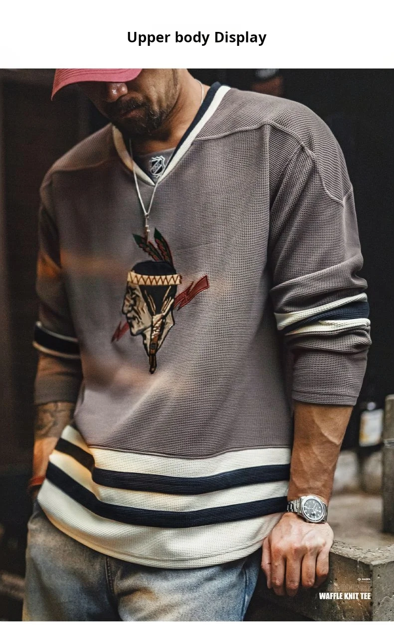 Maden Vintage Men's Waffle Knit Sweatshirt Indian Embroidered V-Neck Pullover Heavyweight Oversized Contrast Hoodie for Fall