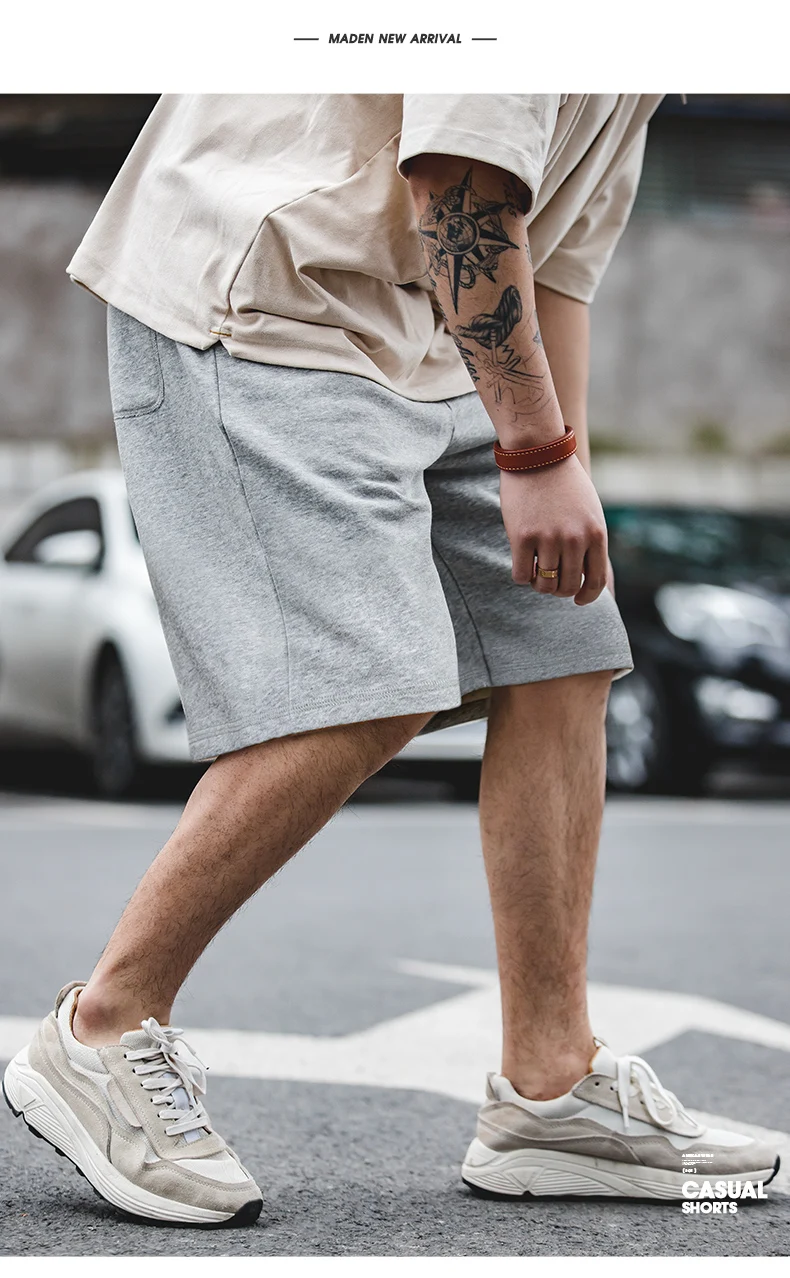Maden Vintage Heavyweight Gray Knitted Shorts for Men Summer Casual Basketball Sport Short Pants Elastic Waist Cotton Sweatpants