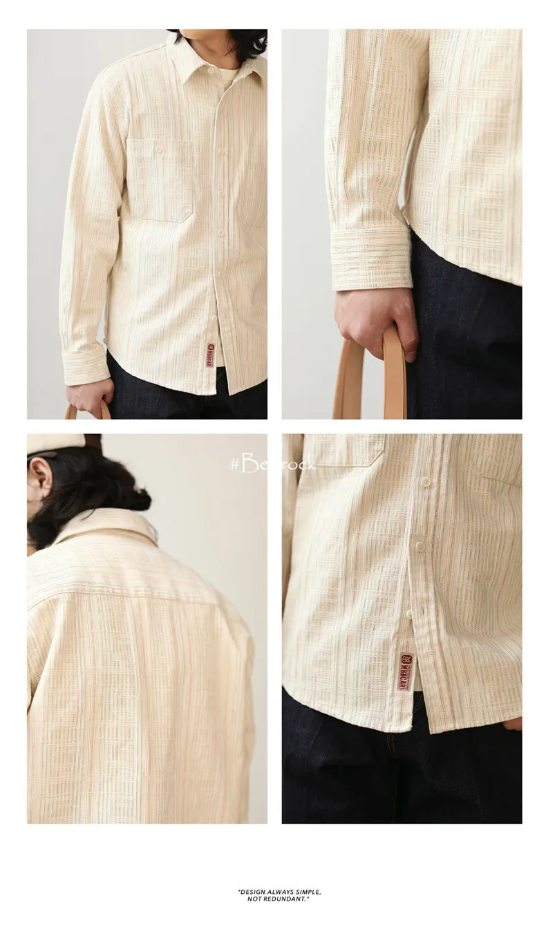 MBBCAR American style vintage 100% cotton beige shirts for men 4 yarn-dyed simple one wash casual Men's shirts and blouses 9236