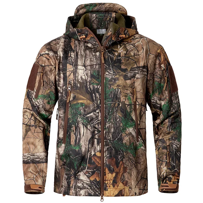 Men's Silent Camouflage Hunting Jacket Waterproof Fleece Tactical Jackets Soft Shell Outdoor Hiking Fishing Hooded Coat
