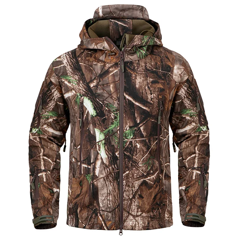 Men's Silent Camouflage Hunting Jacket Waterproof Fleece Tactical Jackets Soft Shell Outdoor Hiking Fishing Hooded Coat