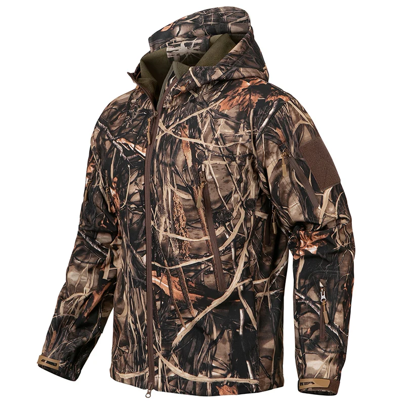 Men's Silent Camouflage Hunting Jacket Waterproof Fleece Tactical Jackets Soft Shell Outdoor Hiking Fishing Hooded Coat