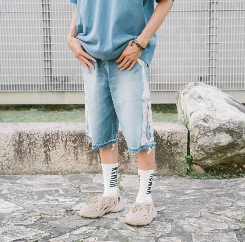 Kapital Vintage Kazuhiro Hirata Japanese Vintage Pinted Bone Loose Straight Denim Shorts for Men