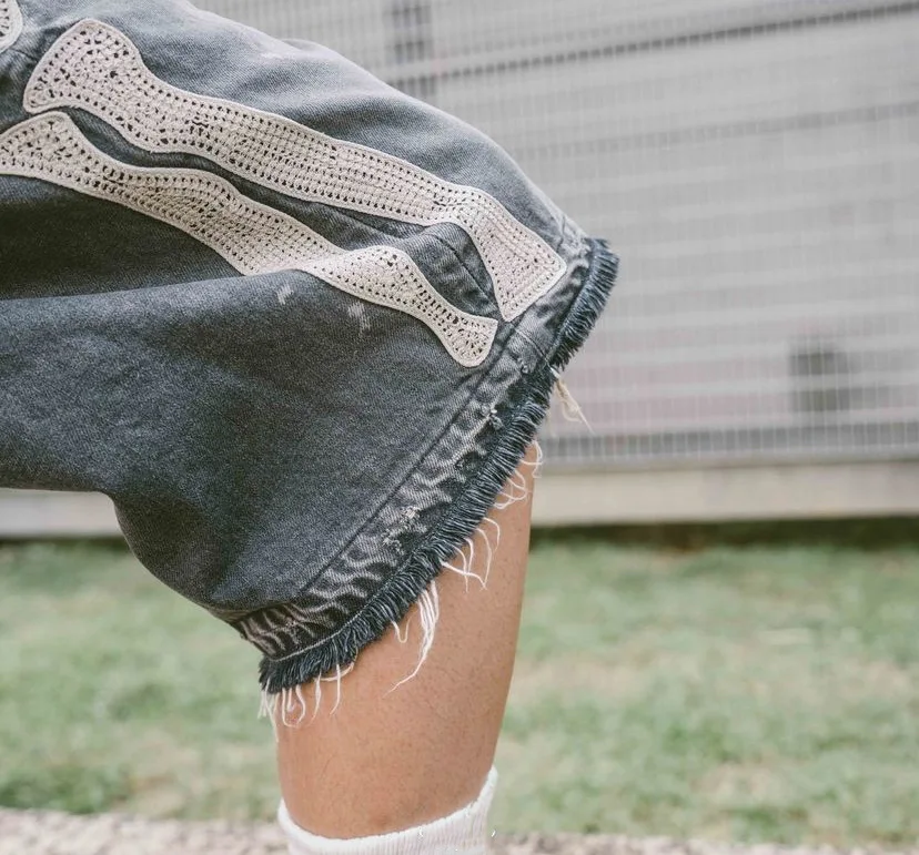 Kapital Vintage Kazuhiro Hirata Japanese Vintage Pinted Bone Loose Straight Denim Shorts for Men