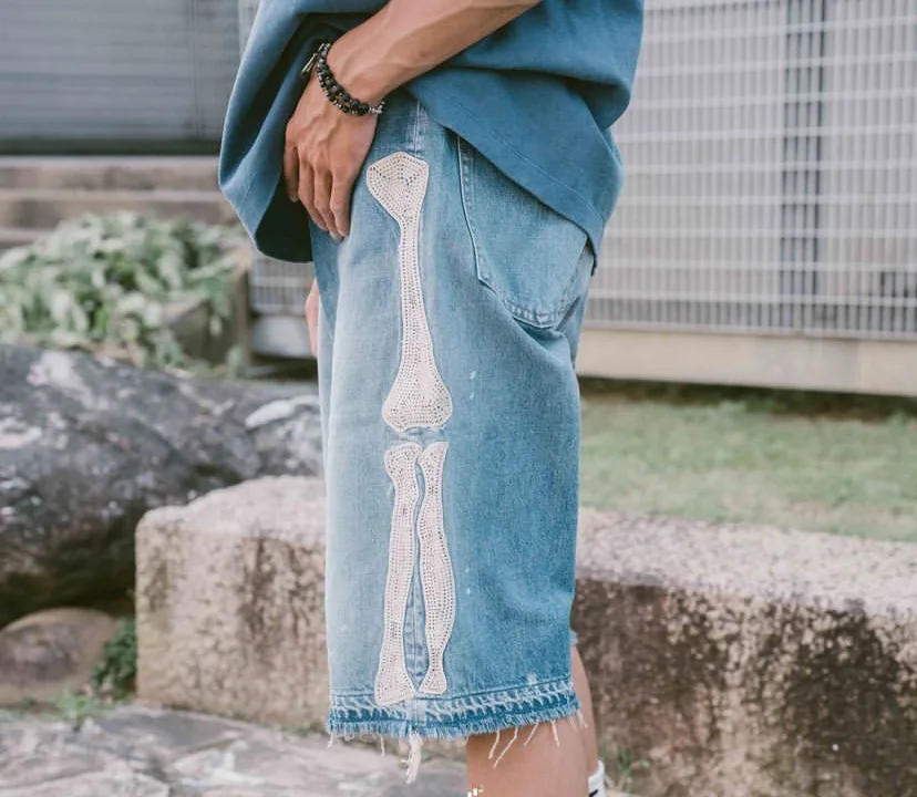 Kapital Vintage Kazuhiro Hirata Japanese Vintage Pinted Bone Loose Straight Denim Shorts for Men