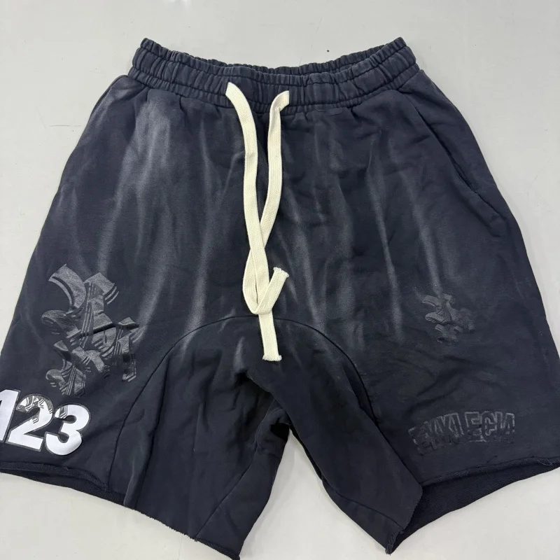 Vintage Washed 123 Print Baggy Shorts Men Streetwear Cotton Sweat Shorts