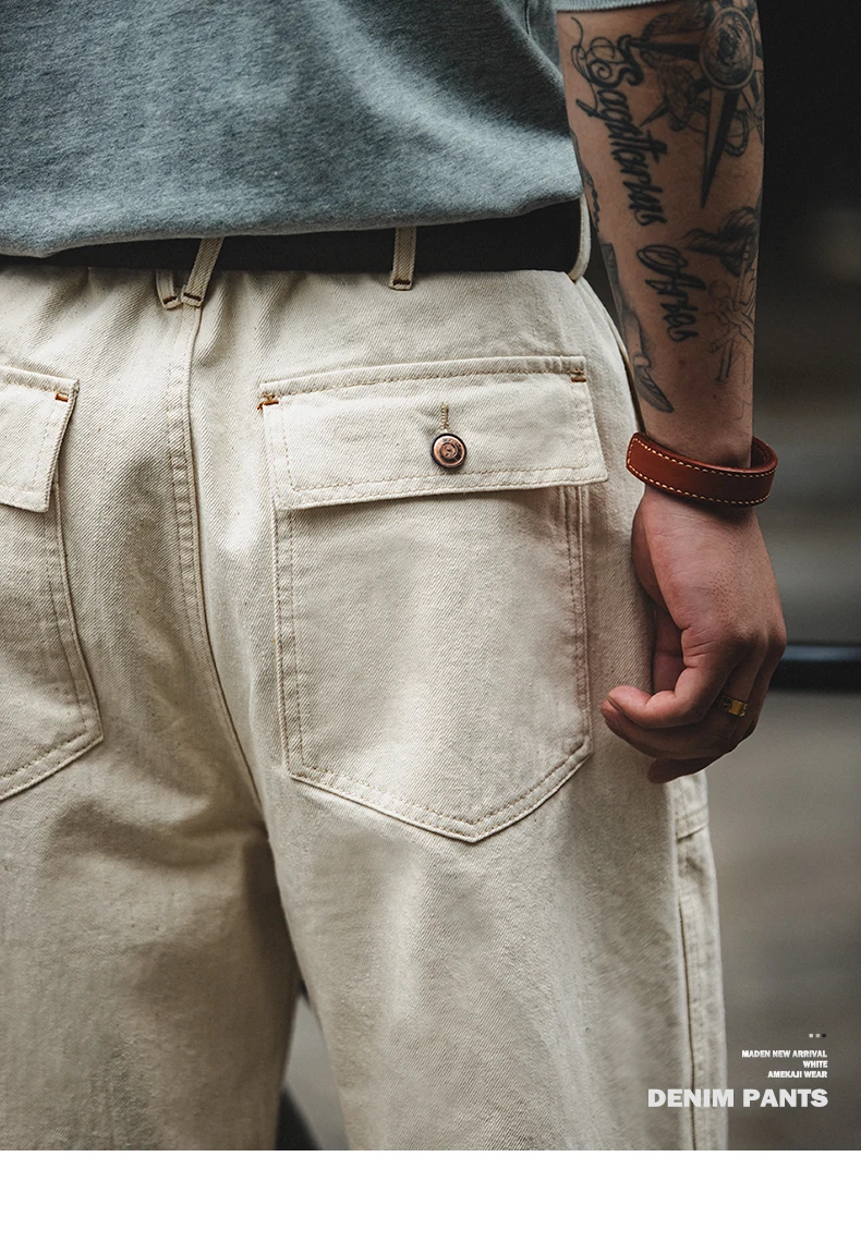 Maden Vintage 11.2oz White Cottonseed Hull Jeans Casual Loose Fit Straight Trousers for Men's Spring and Fall Chino Cargo Pants
