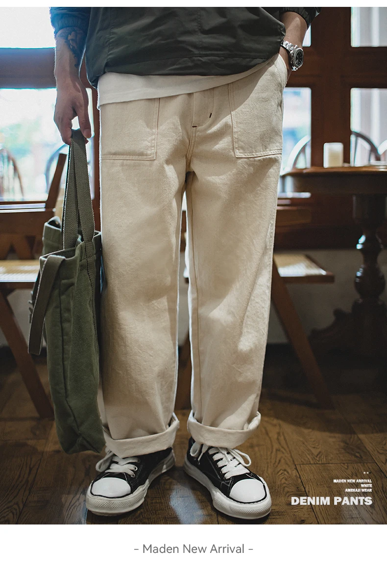Maden Vintage 11.2oz White Cottonseed Hull Jeans Casual Loose Fit Straight Trousers for Men's Spring and Fall Chino Cargo Pants