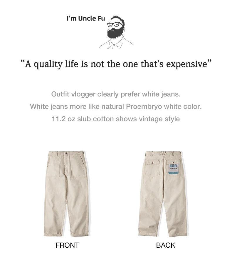 Maden Vintage 11.2oz White Cottonseed Hull Jeans Casual Loose Fit Straight Trousers for Men's Spring and Fall Chino Cargo Pants