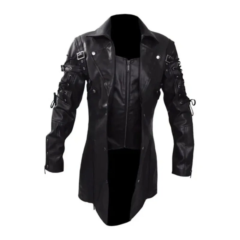 New Steampunk Men's Gothic Trench Coat Leather Jacket Punk Style Biker Jacke Autumn Winter Motocycle Jacket