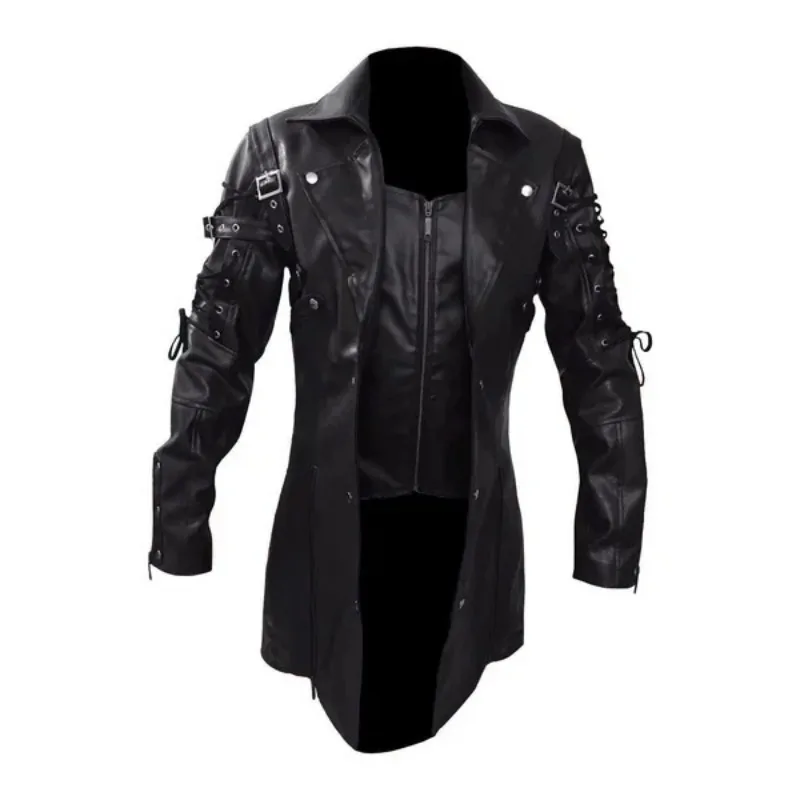 New Steampunk Men's Gothic Trench Coat Leather Jacket Punk Style Biker Jacke Autumn Winter Motocycle Jacket