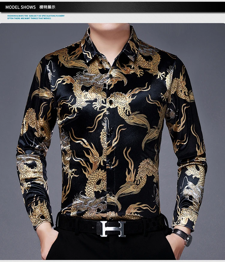 Creative Golden Yellow Dragon Shirts For Men Long Sleeved Casual Autumn High Quality Smooth Comfortable Velour Camisas De Hombre