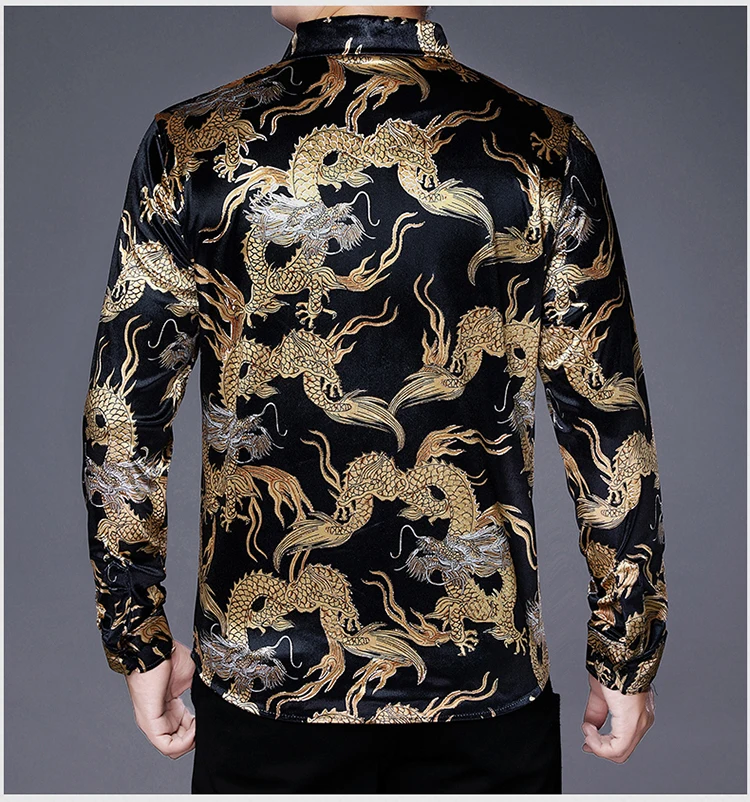 Creative Golden Yellow Dragon Shirts For Men Long Sleeved Casual Autumn High Quality Smooth Comfortable Velour Camisas De Hombre
