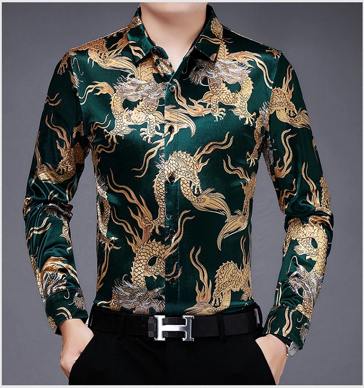 Creative Golden Yellow Dragon Shirts For Men Long Sleeved Casual Autumn High Quality Smooth Comfortable Velour Camisas De Hombre