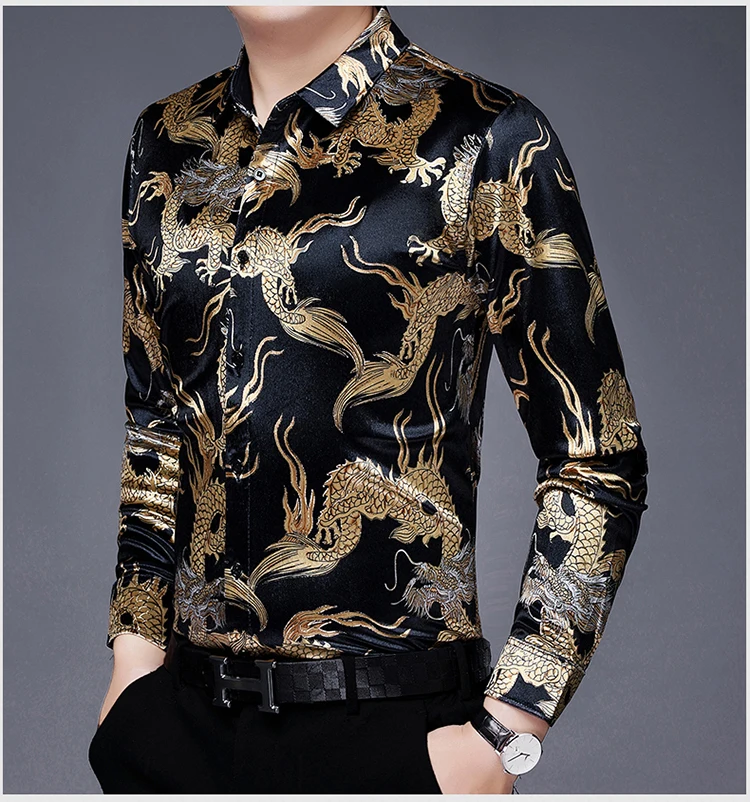 Creative Golden Yellow Dragon Shirts For Men Long Sleeved Casual Autumn High Quality Smooth Comfortable Velour Camisas De Hombre