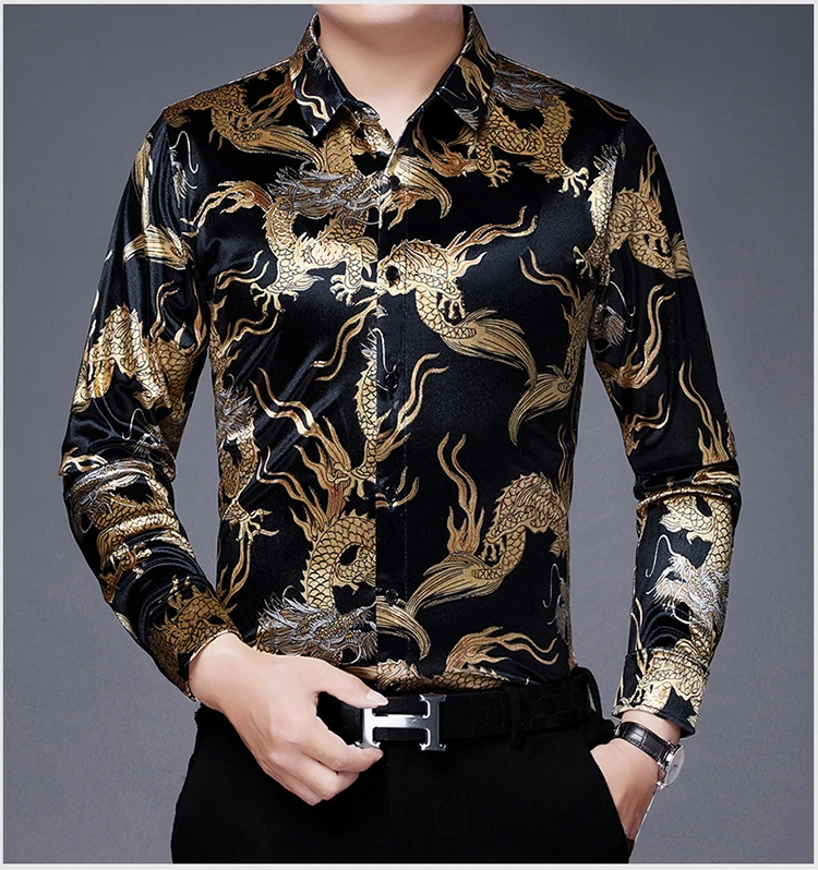 Creative Golden Yellow Dragon Shirts For Men Long Sleeved Casual Autumn High Quality Smooth Comfortable Velour Camisas De Hombre