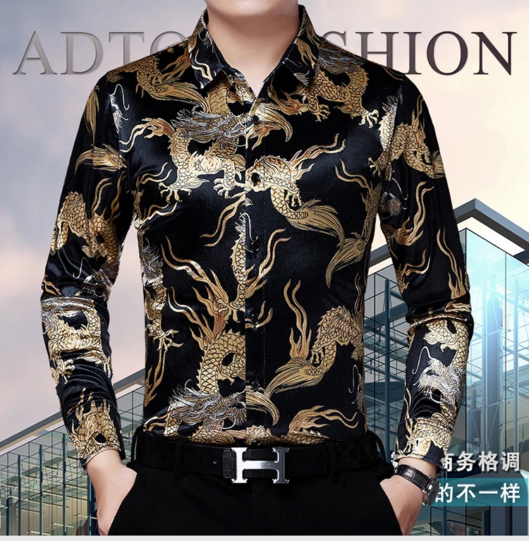 Creative Golden Yellow Dragon Shirts For Men Long Sleeved Casual Autumn High Quality Smooth Comfortable Velour Camisas De Hombre