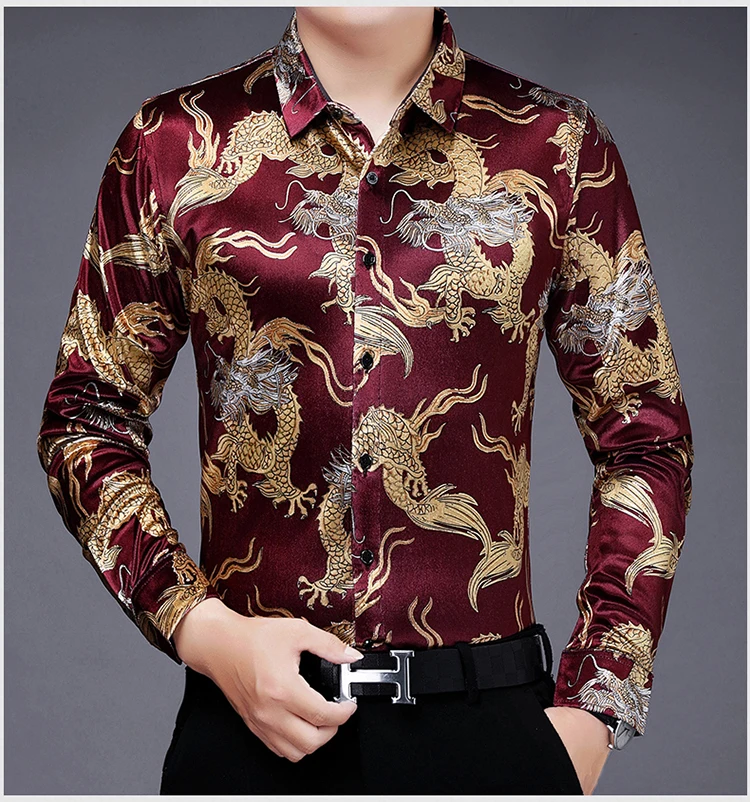 Creative Golden Yellow Dragon Shirts For Men Long Sleeved Casual Autumn High Quality Smooth Comfortable Velour Camisas De Hombre