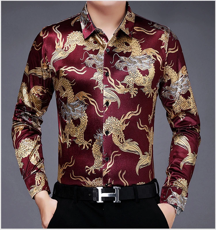 Creative Golden Yellow Dragon Shirts For Men Long Sleeved Casual Autumn High Quality Smooth Comfortable Velour Camisas De Hombre