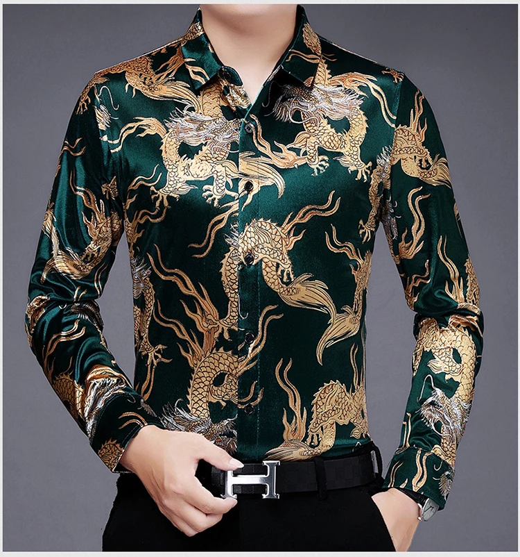 Creative Golden Yellow Dragon Shirts For Men Long Sleeved Casual Autumn High Quality Smooth Comfortable Velour Camisas De Hombre