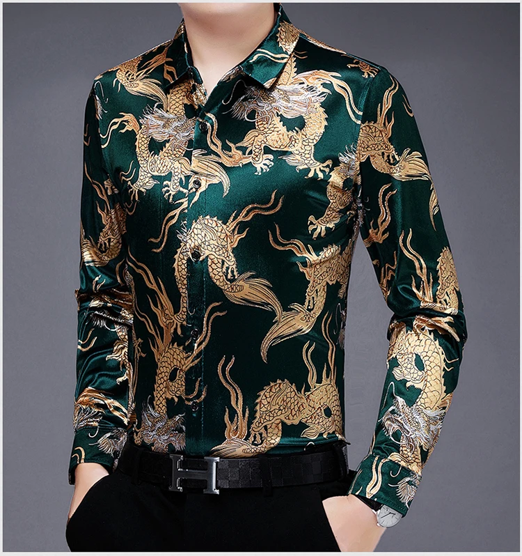 Creative Golden Yellow Dragon Shirts For Men Long Sleeved Casual Autumn High Quality Smooth Comfortable Velour Camisas De Hombre