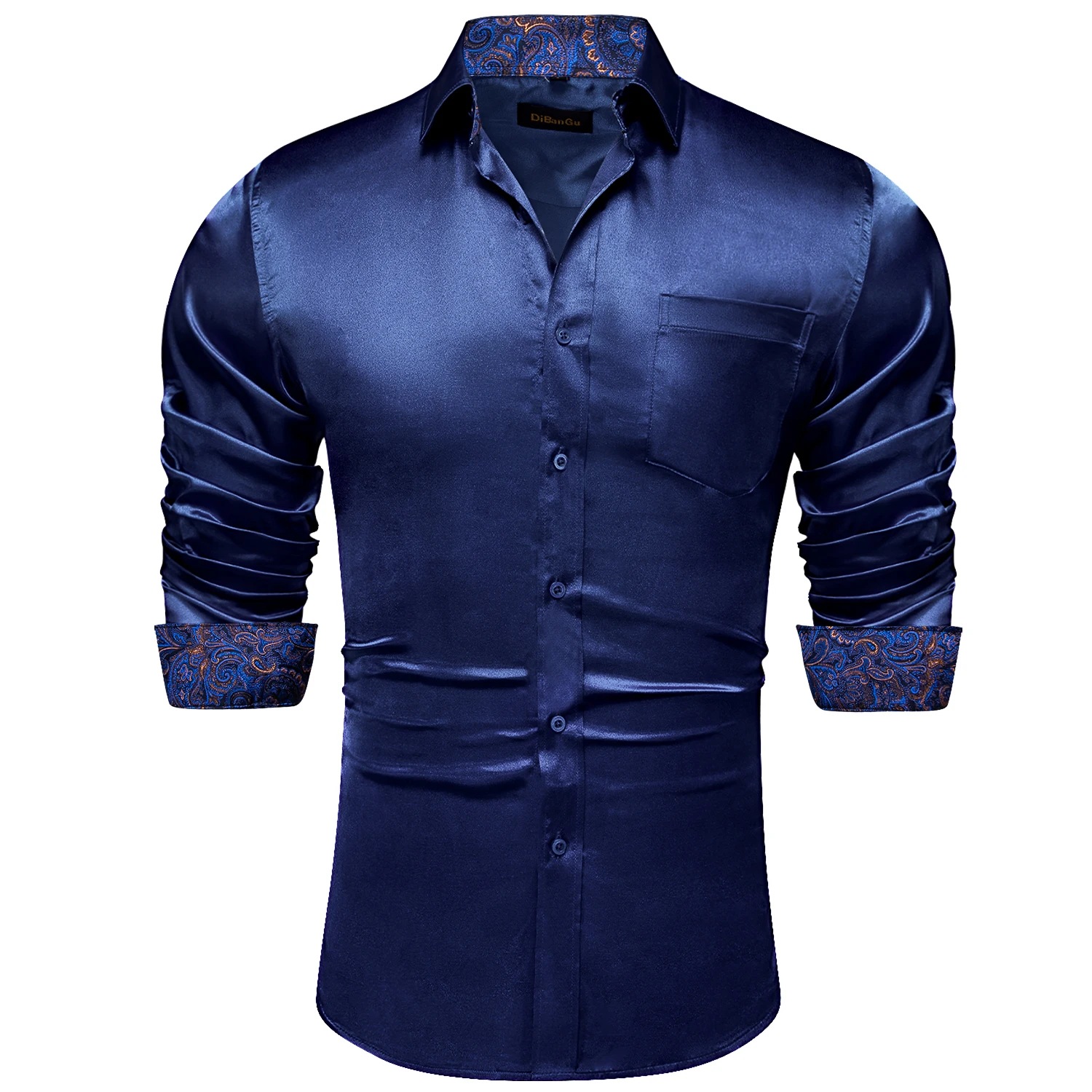 Luxury Elegant Dress Shirts for Men Stretch Satin Long Sleeve Casual Social Shirt Designer Contrasting Paisley Clothing