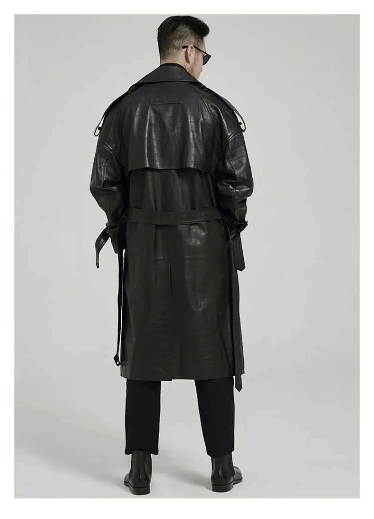 Mauroicardi Spring Autumn Long Black Crocodile Print Pu Leather Trench Coat Men Belt Double Breaste Runway European Fashion 2023