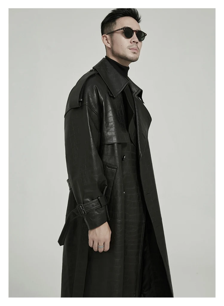 Mauroicardi Spring Autumn Long Black Crocodile Print Pu Leather Trench Coat Men Belt Double Breaste Runway European Fashion 2023