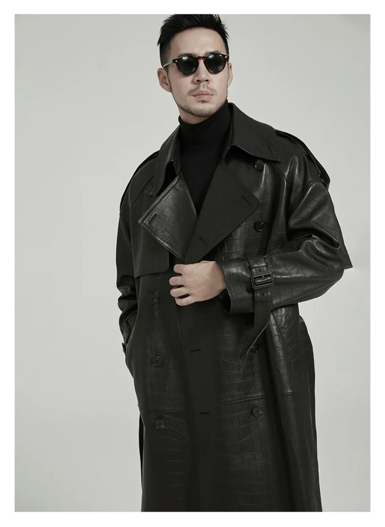Mauroicardi Spring Autumn Long Black Crocodile Print Pu Leather Trench Coat Men Belt Double Breaste Runway European Fashion 2023