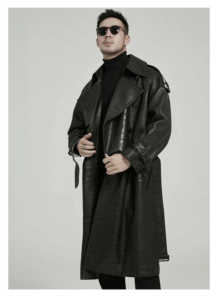 Mauroicardi Spring Autumn Long Black Crocodile Print Pu Leather Trench Coat Men Belt Double Breaste Runway European Fashion 2023