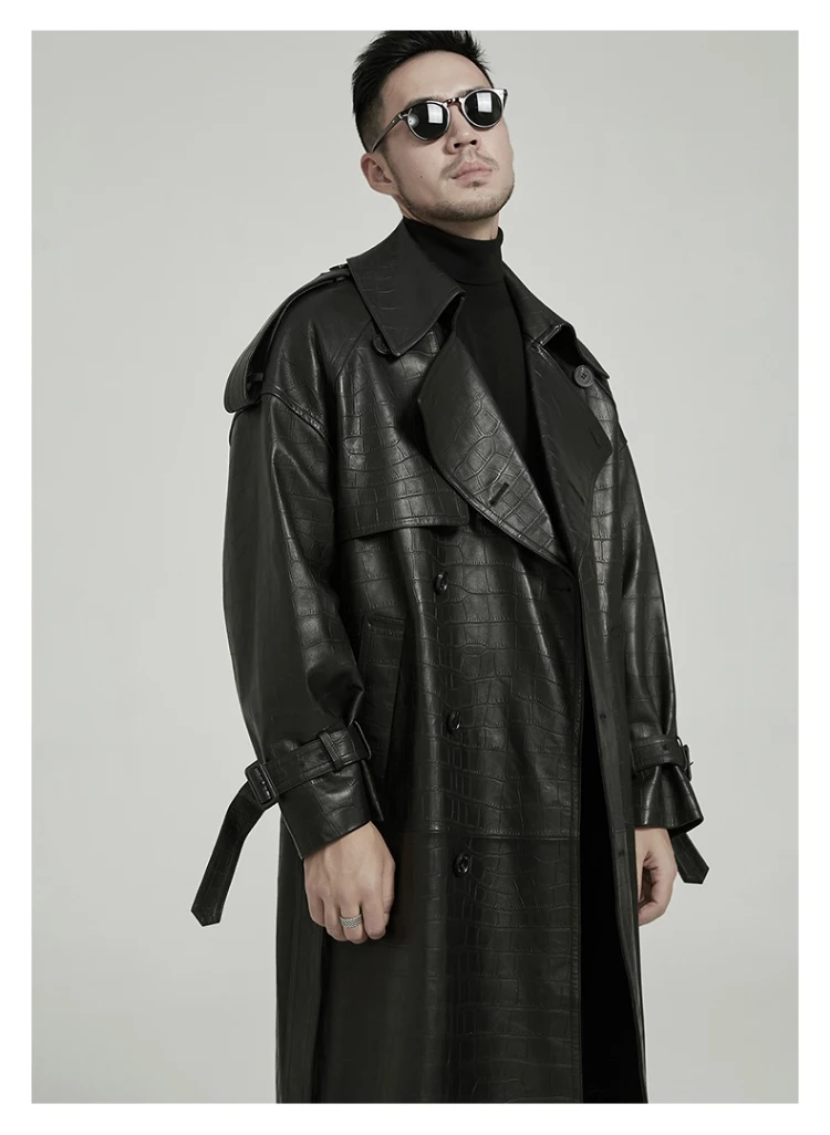 Mauroicardi Spring Autumn Long Black Crocodile Print Pu Leather Trench Coat Men Belt Double Breaste Runway European Fashion 2023