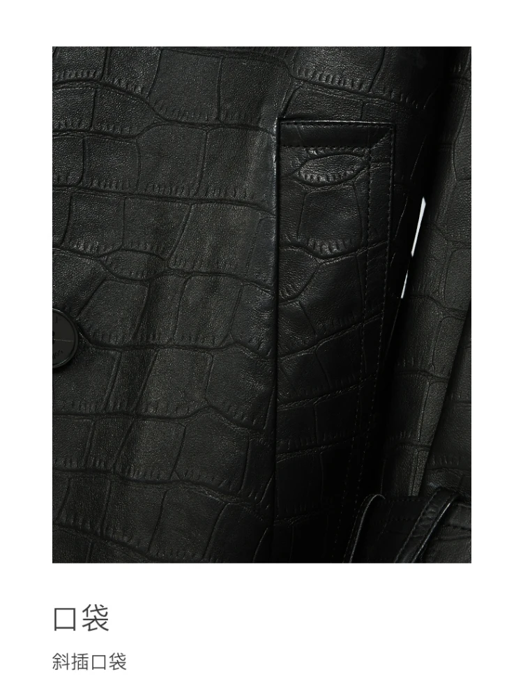Mauroicardi Spring Autumn Long Black Crocodile Print Pu Leather Trench Coat Men Belt Double Breaste Runway European Fashion 2023