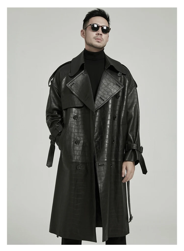Mauroicardi Spring Autumn Long Black Crocodile Print Pu Leather Trench Coat Men Belt Double Breaste Runway European Fashion 2023