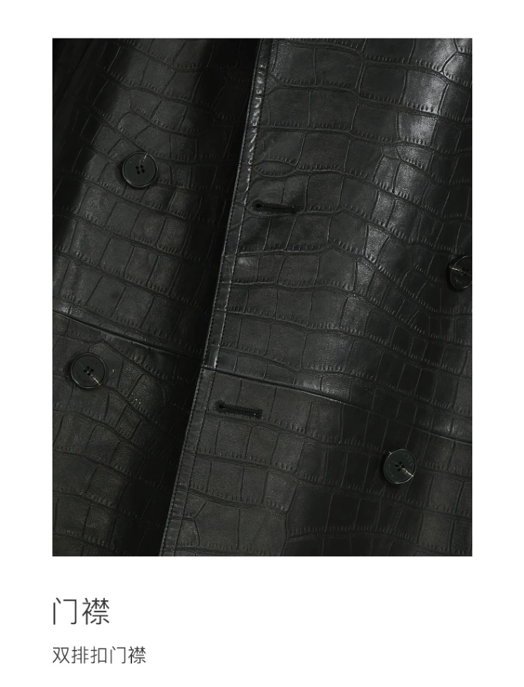 Mauroicardi Spring Autumn Long Black Crocodile Print Pu Leather Trench Coat Men Belt Double Breaste Runway European Fashion 2023