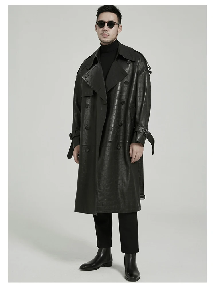 Mauroicardi Spring Autumn Long Black Crocodile Print Pu Leather Trench Coat Men Belt Double Breaste Runway European Fashion 2023