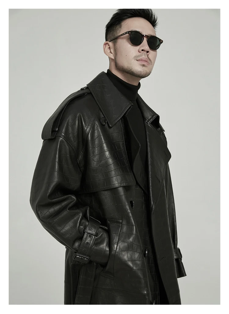 Mauroicardi Spring Autumn Long Black Crocodile Print Pu Leather Trench Coat Men Belt Double Breaste Runway European Fashion 2023