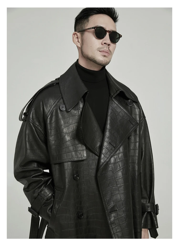 Mauroicardi Spring Autumn Long Black Crocodile Print Pu Leather Trench Coat Men Belt Double Breaste Runway European Fashion 2023