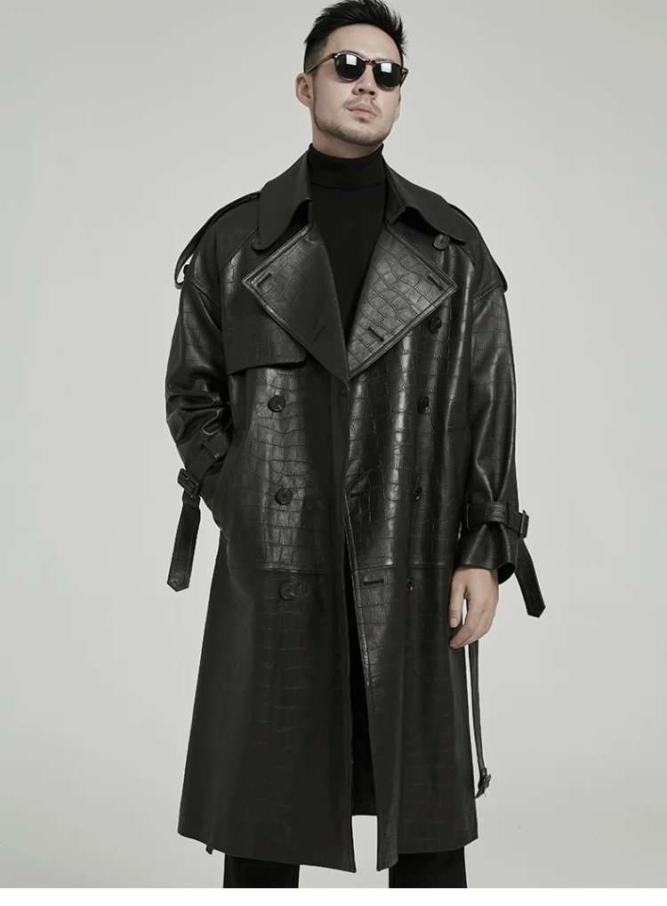 Mauroicardi Spring Autumn Long Black Crocodile Print Pu Leather Trench Coat Men Belt Double Breaste Runway European Fashion 2023