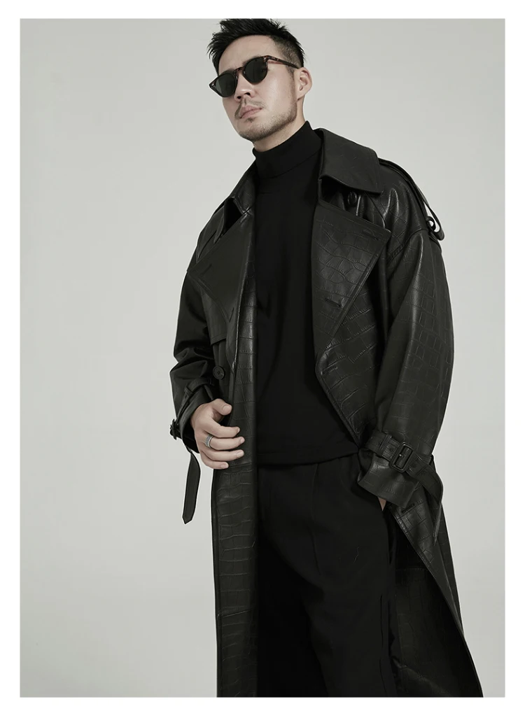 Mauroicardi Spring Autumn Long Black Crocodile Print Pu Leather Trench Coat Men Belt Double Breaste Runway European Fashion 2023