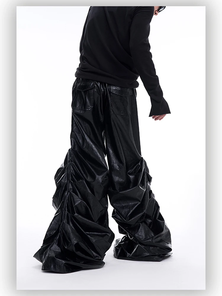Mauroicardi Spring Autumn Cool Long Baggy Black Soft Pu Leather Wide Leg Stacked Pants Men Mens Designer Clothes Streetwear 2025
