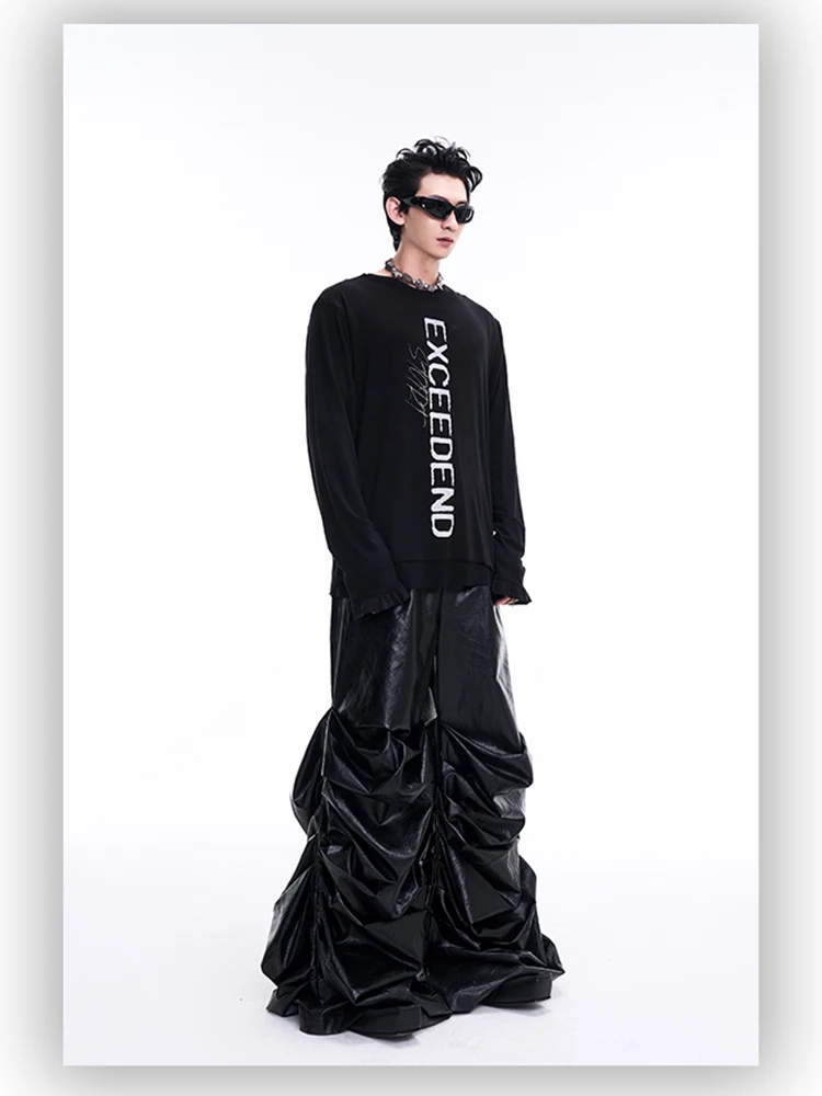 Mauroicardi Spring Autumn Cool Long Baggy Black Soft Pu Leather Wide Leg Stacked Pants Men Mens Designer Clothes Streetwear 2025