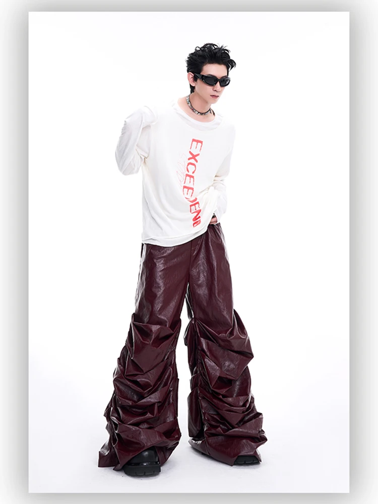 Mauroicardi Spring Autumn Cool Long Baggy Black Soft Pu Leather Wide Leg Stacked Pants Men Mens Designer Clothes Streetwear 2025