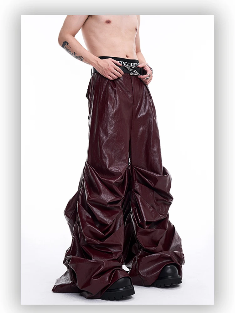 Mauroicardi Spring Autumn Cool Long Baggy Black Soft Pu Leather Wide Leg Stacked Pants Men Mens Designer Clothes Streetwear 2025