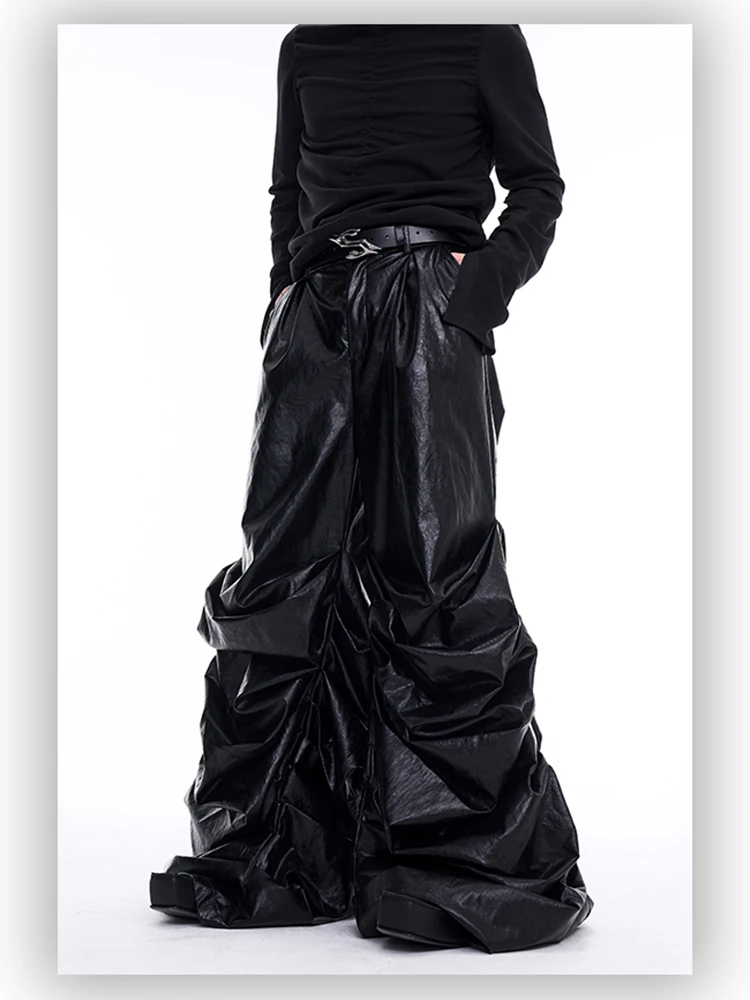 Mauroicardi Spring Autumn Cool Long Baggy Black Soft Pu Leather Wide Leg Stacked Pants Men Mens Designer Clothes Streetwear 2025