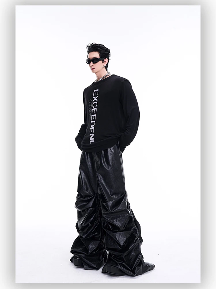 Mauroicardi Spring Autumn Cool Long Baggy Black Soft Pu Leather Wide Leg Stacked Pants Men Mens Designer Clothes Streetwear 2025