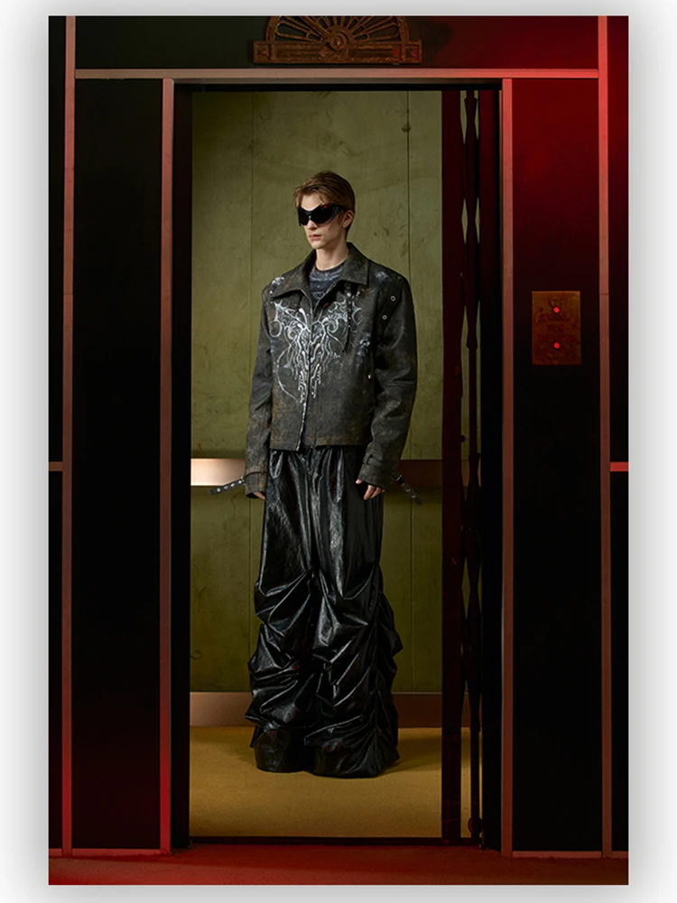 Mauroicardi Spring Autumn Cool Long Baggy Black Soft Pu Leather Wide Leg Stacked Pants Men Mens Designer Clothes Streetwear 2025